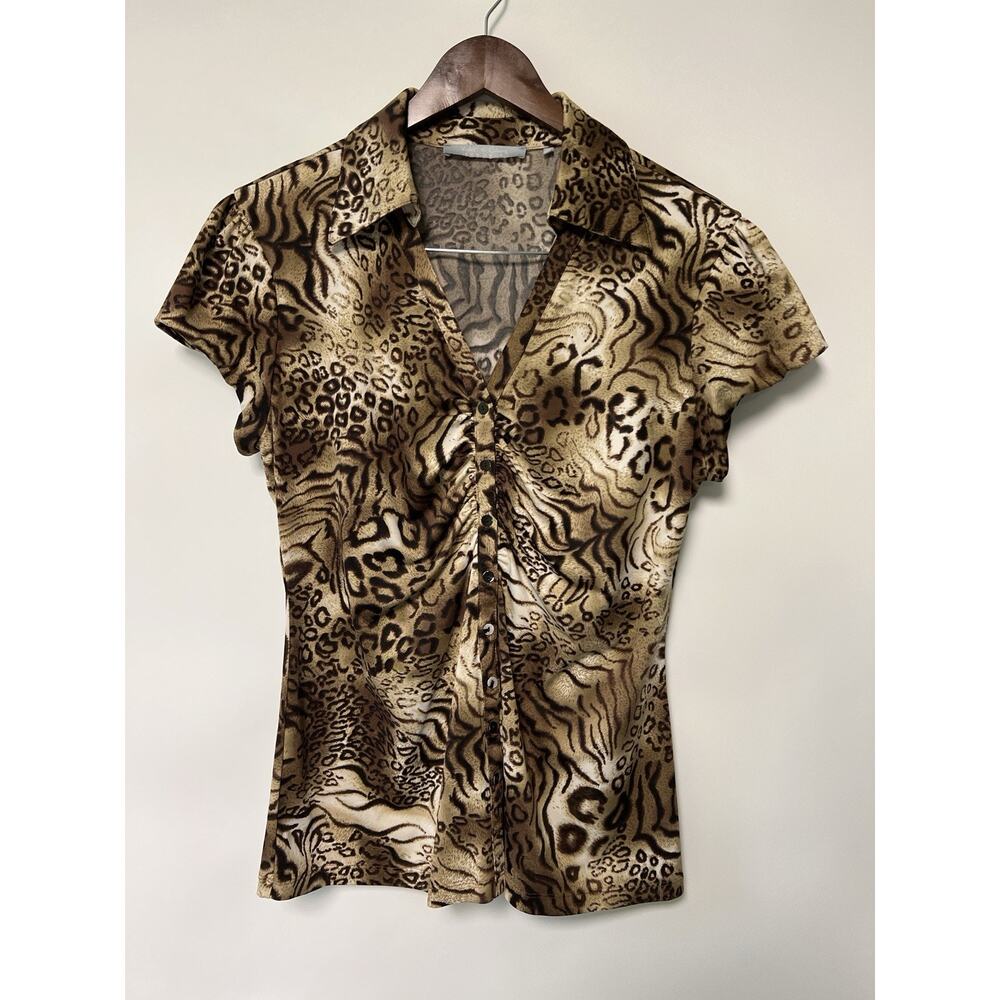 Vintage 90s Y2K Ruched Animal Print Cap Sleeve Top Large Button Up Grunge Goth - Picture 2 of 15